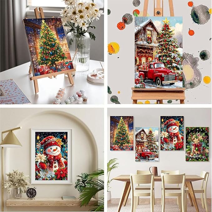 Christmas Paint by Numbers for Adults with Framed Canvas - with Wooden Easel, 4 Pack Paint by Number for Beginners, Xmas Acrylic Oil Painting on Canvas with Brushes for Home Wall Decor (8x12 inch)