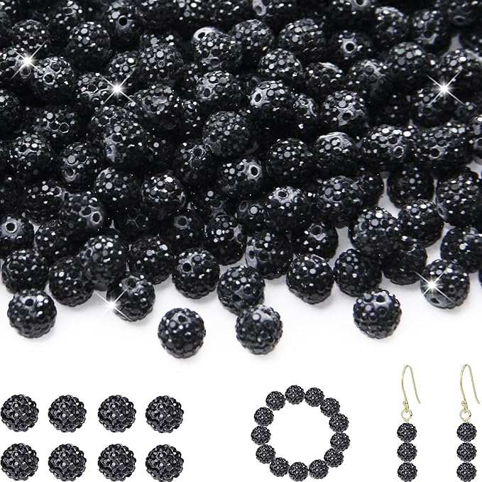 200 Pcs 10mm Rhinestone Beads for Jewelry Making, Black Shiny Round Shamballa Disco Baseball Necklace Beads Sparkle Crystal Clay Pave Rhinestones Bead for DIY Bracelet Earring Craft Making Supplies