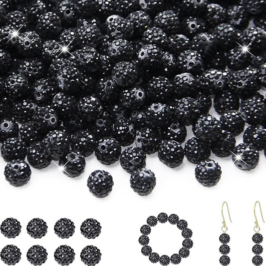 200 Pcs 10mm Rhinestone Beads for Jewelry Making, Black Shiny Round Shamballa Disco Baseball Necklace Beads Sparkle Crystal Clay Pave Rhinestones Bead for DIY Bracelet Earring Craft Making Supplies