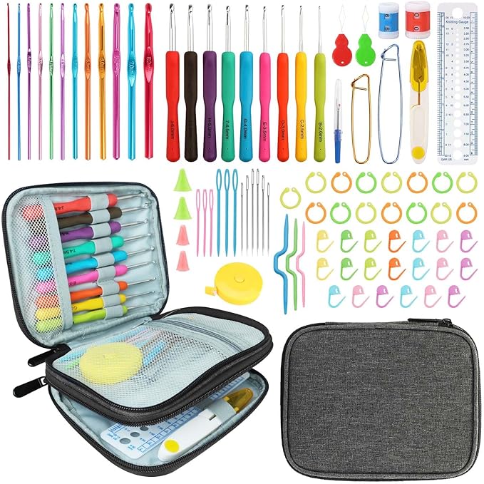 HATINXIA Crochet Hooks, 85pcs Crochet Hook Set with Storage Case, Yarn Crochet Kit for Beginners, Ergonomic Crochect Needles DIY Knitting Accessories Tools for Experienced Crochet Lovers, C3 Grey