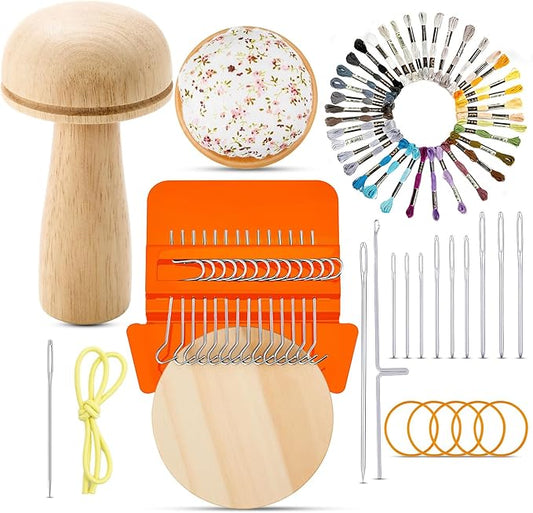 Jexine Mini Darning Mushroom for Socks 14 Hooks Small Speedweve Style Weaving Darning Loom with 9 Pcs Large Eye Needles 50 Colors Thread for Handcraft DIY Weaving Repair Tool(Bright Color)
