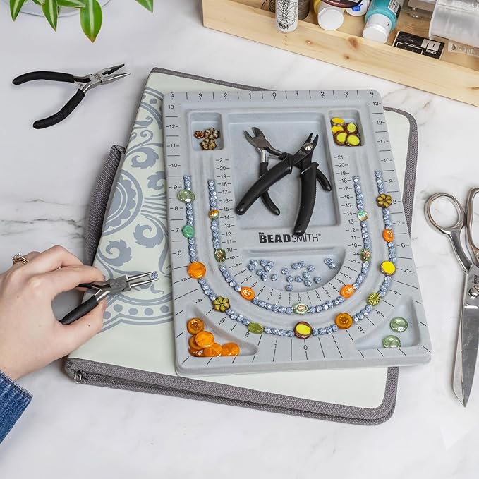 The Beadsmith Bead Folio Kit – Basic Elements – 28” U Channel Bead Board with Lid, Zippered Storage Case & 4-Piece Plier Set– Keep Your Designs, Beads & Tools Secure – Jewelry Making Supplies