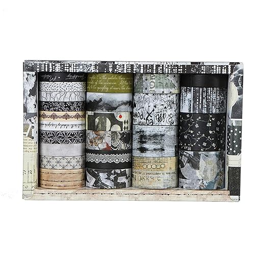 Vintage Washi Tape Set - 24 Rolls Arts Adhesive Tapes Assorted Retro Decorative Masking Tape Sets for Craft, Kids, Scrapbook, DIY, Gift Wrapping (9-Monochrome Mood)