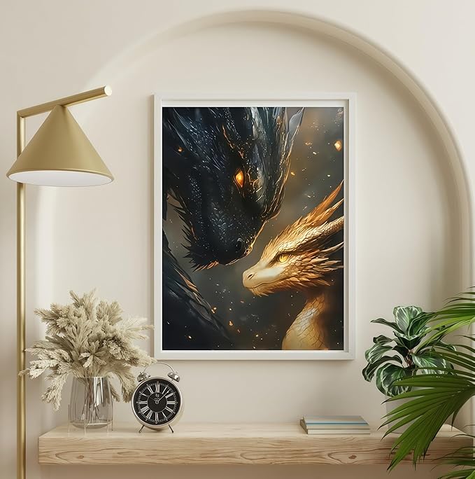 BYGFHLYW 5D Diamond Painting Kits for Adults, Black Golden Dragons Diamond Art Kits for Adults Beginner, DIY Full Drill Diamond Dot Gem Painting for Home Wall Decor 12x16 inch