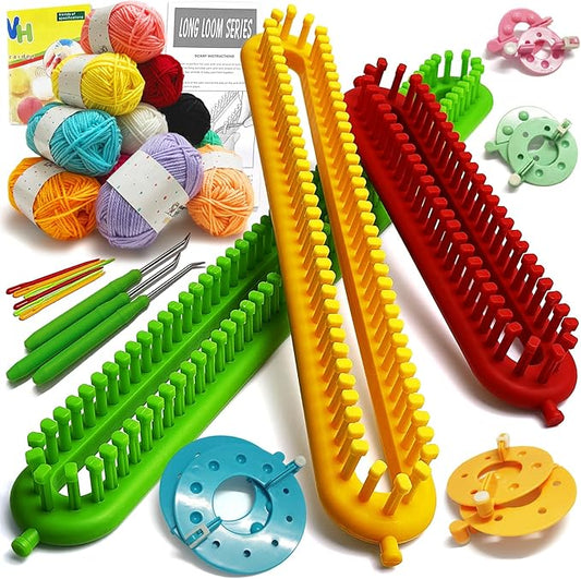 UCDRMA Upgraded Adjustable-Pegs Loom Knitting Kit (Pre-Installed Pegs), 2-in-1 Knitting Loom Set Quick Crochet Loom with 12 Yarn & Instructions & Pom Pom Maker, Scarf Loom Crochet Kit for Beginners