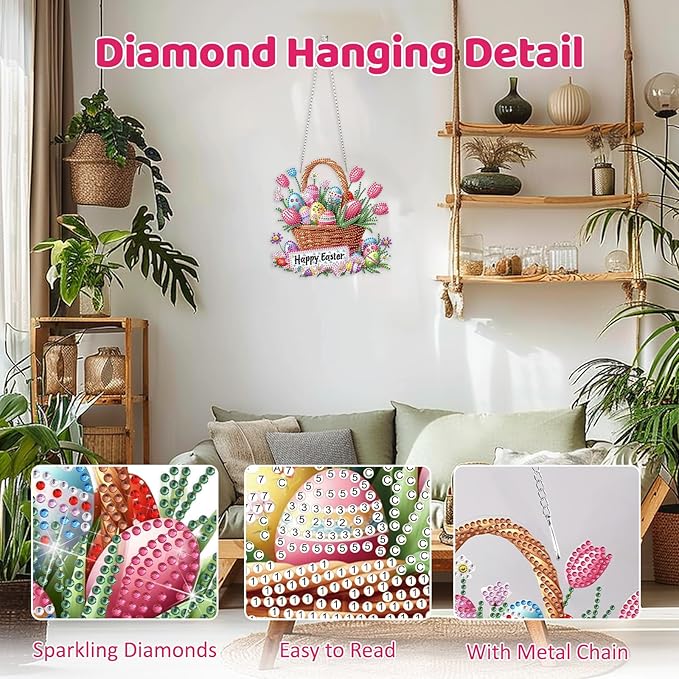 MEIYUDA Easter Egg Diamond Art Hanging Kits for Adult, Eggs Basket Diamond Painting Kits Ornaments, DIY Happy Easter Special Shaped Rhinestone Window Pendants kit for Home Garden Wall Decor Gift