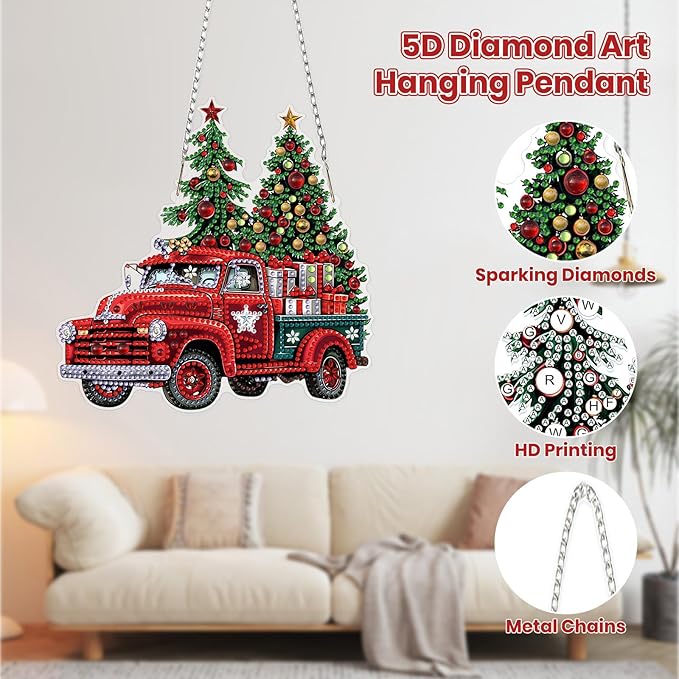 MOGTAA Christmas Truck Diamond Art Hanging Kits for Adults Kids, Christmas Tree Diamond Art Suncatchers, 5D Special Shape Diamond Painting Window Pendant Kit for Home Garden Wall Decor