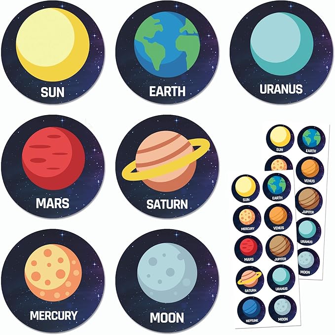 planet solar system stickers for kids, 1.5" - 20 sheets, 200 stickers