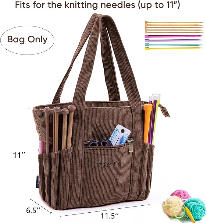Corduroy Crochet Bag 11.5" Large Yarn Storage Tote with Grommets, Needle Holders – Knitting Bag Organizer for Crochet Hooks, Accessories, Tools & Projects –Gift for Knitters & Crafters
