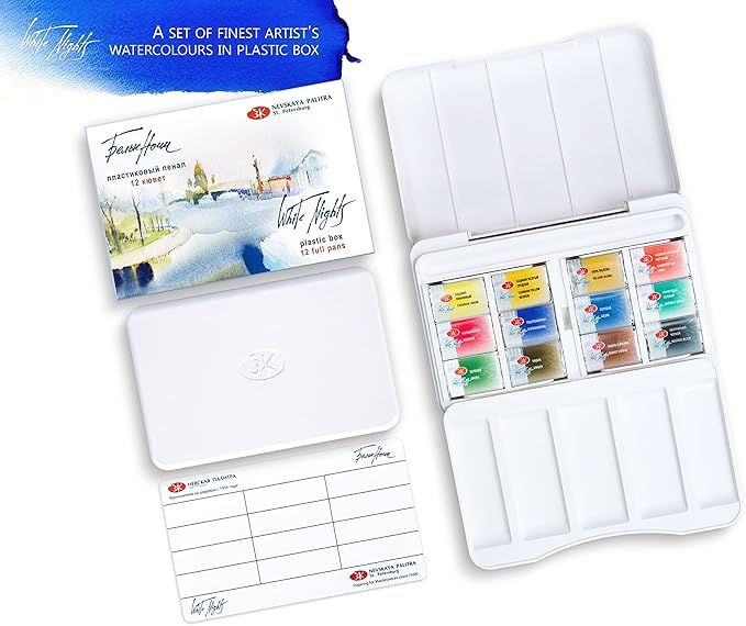White Nights Professional Watercolor Set – 12 Full Pans of Extra Fine Artist-Grade Pigments, Vibrant Lightfast Colors, Portable Durable Plastic Box by Nevskaya Palitra