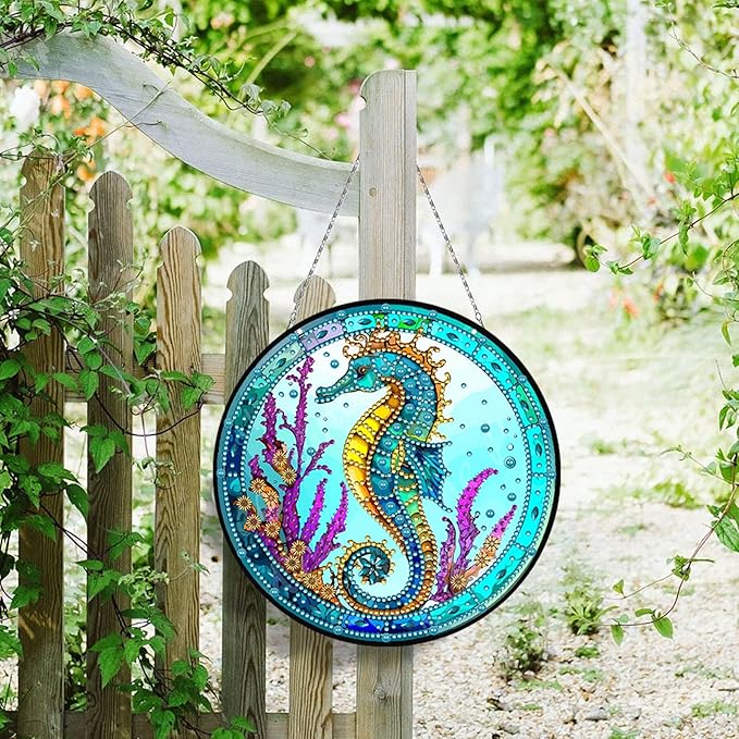Generic DIY Hanging Diamond Pendant Special Shaped Crystal Diamond Art Painting Ornament Single Sided for Window Home Garden Wall Door Decor-Seahorse