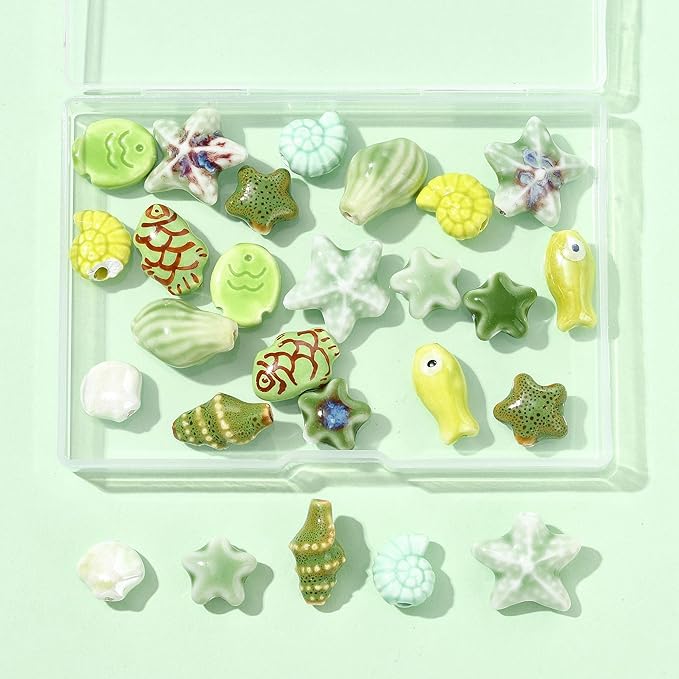 26Pcs Porcelain Ceramic Ocean Beads, 13 Styles Sea Seashell Fish Conch Starfish Porcelain Loose Spacer Beads for DIY Necklaces Bracelets Crafts Supplies