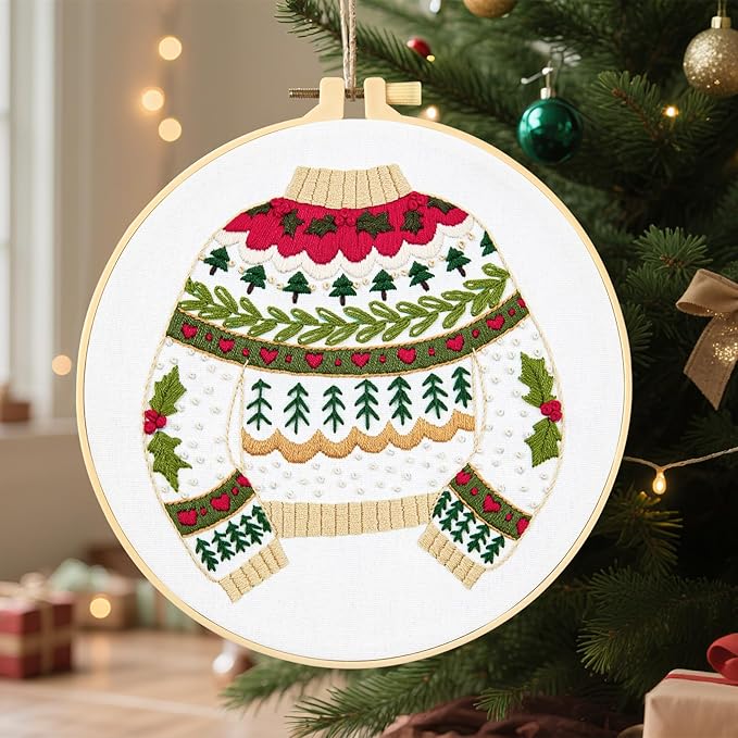 Crafmanoe Christmas Embroidery Kits for Beginners Embroidery Stitches Practice Kits for Adults, Christmas Cross Stitch Kits for Beginners Craft Kits, Embroidery Hoops, Fabric, Threads & Video Tutorial