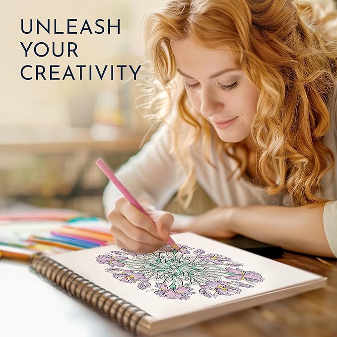 Premium Nature Mandala Coloring Book for Adults – 50 Floral Designs – 180gsm Thick Bleed-Proof Paper, Spiral Bound Lay-Flat, Perforated – Frameable Art, Relaxation Gifts for Women, Flower Patterns