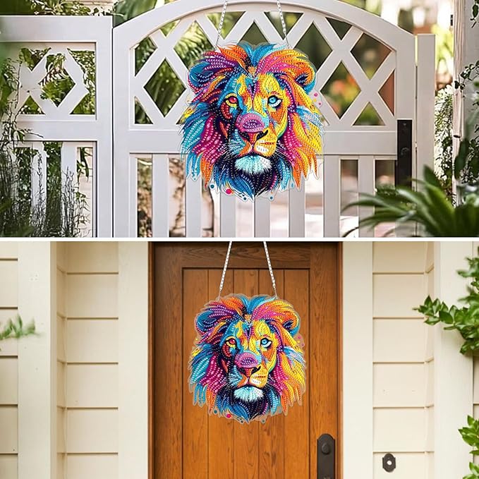 MXJSUA Diamond Art Hanging Kits for Adults Beginners, Colorful Lion DIY Acrylic Special Shaped Crystal Diamond Gem Art Pendant Drills Painting Ornament for Home Wall Decor and Gift