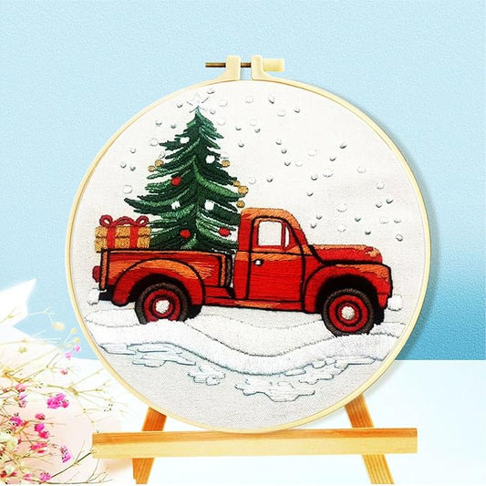 Zhenqing Christmas Tree & Red Truck Embroidery Kit - 29x29cm Printed Fabric, Hoop & Tools for Beginners (C0029)