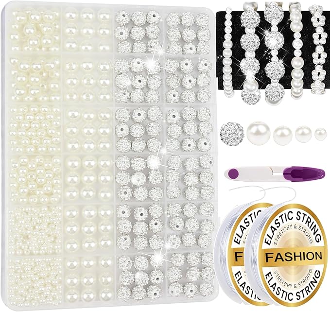 702 Pcs Pearl Beads for Bracelet Making Kit Rhinestone Baseball Beads for Jewelry Making Off-White Pearl Bracelet Bead Charms Necklace Earrings DIY Craft for Women Adult Pearls Bead for Crafting