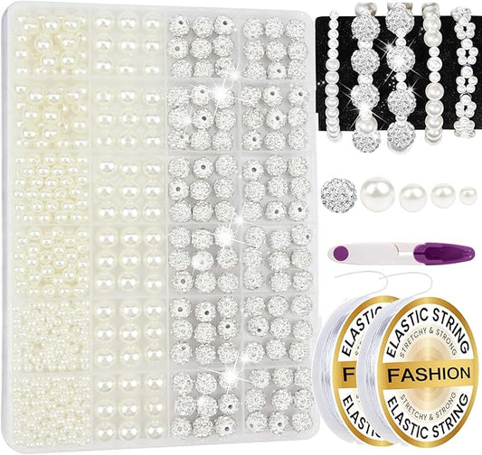 702 Pcs Pearl Beads for Bracelet Making Kit Rhinestone Baseball Beads for Jewelry Making Off-White Pearl Bracelet Bead Charms Necklace Earrings DIY Craft for Women Adult Pearls Bead for Crafting