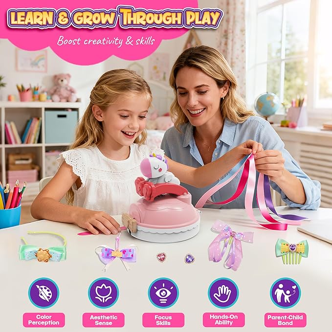 Kiditos Sparkling Ribbon Bow Creator Kit for Girls – DIY Headband & Jewelry Making Set, Arts and Crafts Toys for Kids Ages 5+, Make Your Own Hair Bows, Creative Gift for Girls