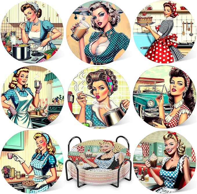 8 Pcs Retro Diamond Art Coaster Kits with Holder,Diamond Painting Coasters for Adults Beginners,Party Home Decor Abstract,Fun Gifts for Women