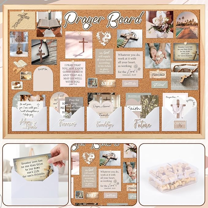 Prayer Board Kit Stickers - 162 Pcs Prayer Board Supplies with Pins Envelope Bible Verse Quotes Cards, Jesus Christian Vision Boards, Bible Study Supplies (Not Including Board)