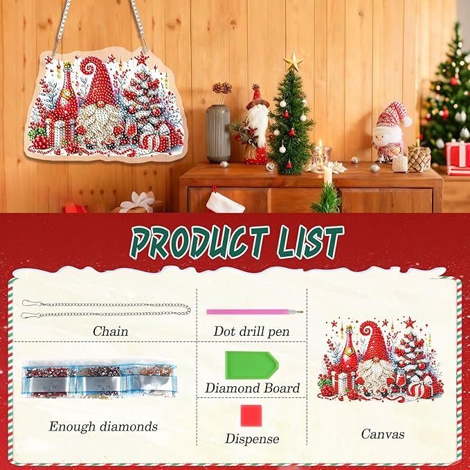 EMIEAUFG Christmas Diamond Art Hanging Kit for Adult, Christmas Gnome Diamond Art Pendants, Double Sided Acrylic & 5D Special Shaped Rhinestone, DIY Ornament for Window Home Wall Decor