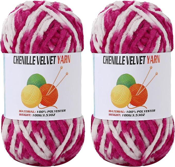 2 * 100g Velvet Chenille Chunky Yarn, Handcrafts Weaving Soft Chenille Yarn for Crocheting Clearance, Used for Making Baby Yarn Blanket, Clothes, Knitting Creations (Colorful - D)