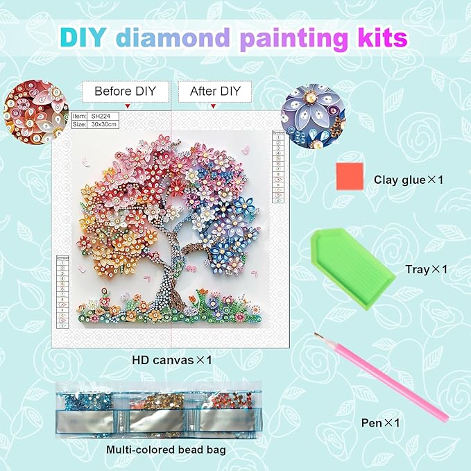 AiYuanzsh Special Shape Diamond Art Kits for Adults, Blossom Tree 5D Crystal Diamond Art Rhinestone Canvas DIY Wall Décor, Sparkling Floral Diamond Painting for Beginners, 11.8 x 11.8 inch