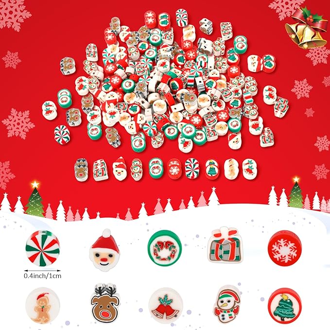 Augshy Christmas Polymer Clay Beads, 300PCS Xmas Heishi Spacer Assorted Santa Claus Snowflakes Snowman Gingerbread Man for Bracelet Necklace Jewelry Making