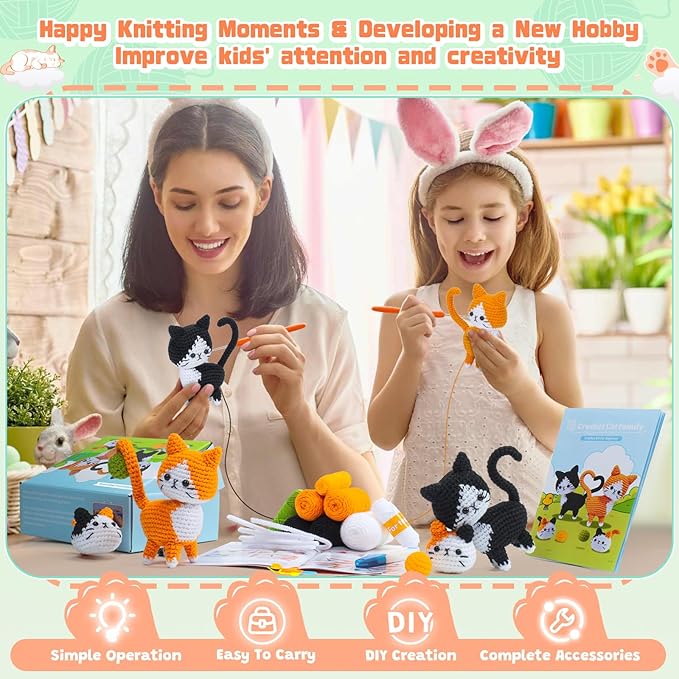 Valentine's Day Gift Cat Crochet Kit for Beginners-Crochet Kits 4PCS Cats Family Crochet Animals Kits with Step-by-Step Video Tutorials, Crochet Starter Kit Learn to Crochet Kits for Adults