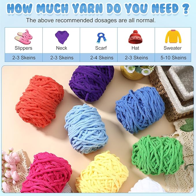 Buryeah Chunky Chenille Yarn for Crocheting Soft Thick Fluffy Yarn for Hand Knitting Bulky Velvet Blanket Plush for Weaving DIY Crafts Each 3.5 oz 55 Yards(Bright Colors,8 Pack)
