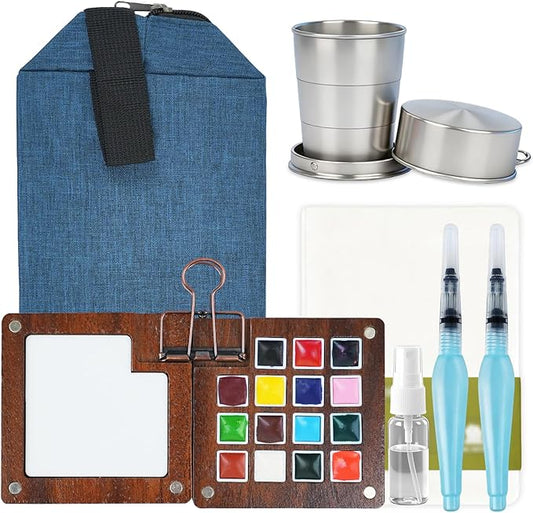 Mini Watercolor Paint Set,Portable Travel Watercolor Set,Pocket Watercolor Kit with Paint, Brush, Sketchbook & Metal Clip, Paint Water Cup and Crossbody Bag for Beginners, Painting Artists