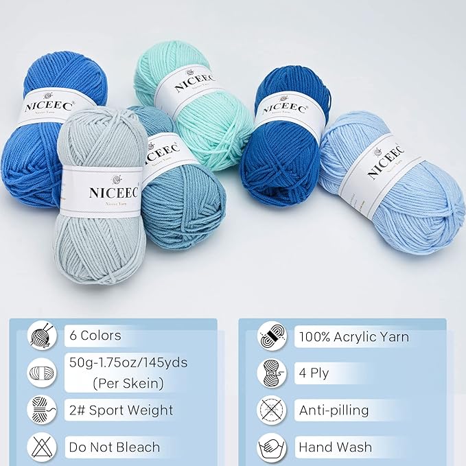 NICEEC 300g Soft Assorted Colors Yarn - Sport Weight,100% Acrylic, 4 Ply, Bonbons Yarn for Crochet & Knit, DIY Project Starter Kit for Kids or Adults(Total 870yds) - Blue Series