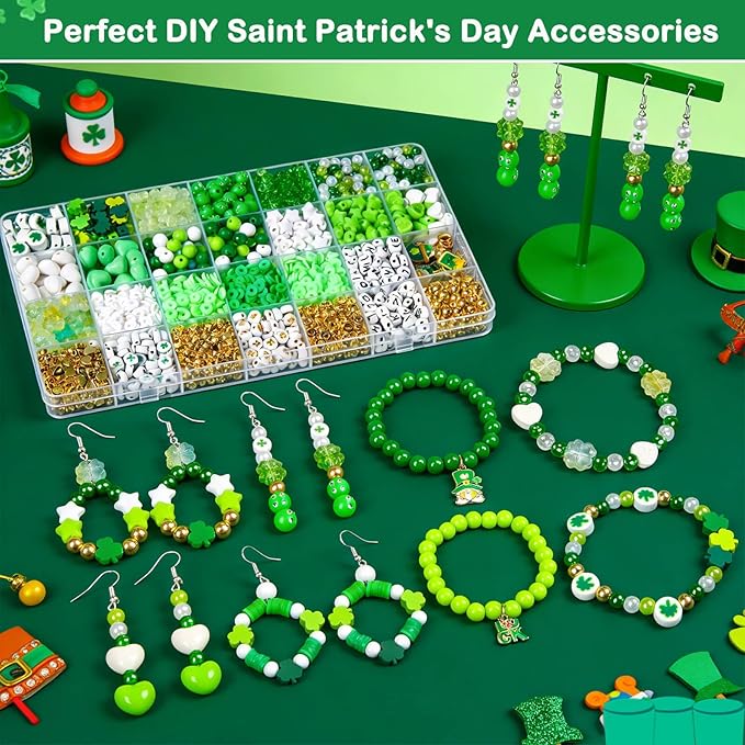 2200Pcs St. Patrick's Day Bracelets Beading Kit, Green Series Beads with Clover Charms, Shamrock Pendants, White & Green Round Beads for DIY Jewelry Making, Irish Festival Crafts, March 17 Party Decor