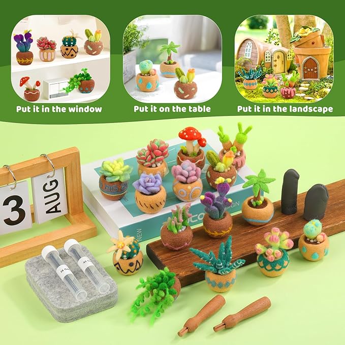 Needle Felting Kit, 15 Pcs Succulent Beginner Needle Felting Kit, Needle Felting Tools, Wool Felting Kit Including Wool Roving, Foam Mat, Felting Needles and Instructions for Diy Felting Starters