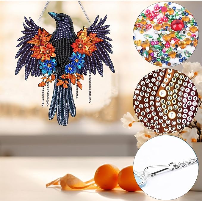 Bimkole Crow Diamond Art Hanging Kit for Adult, DIY 5D Animals Diamond Art Painting Window Pendant, Acrylic Crystal Art Hanging Ornament for Wall Home Garden Front Door Decor - 7.8x7.8 Inch