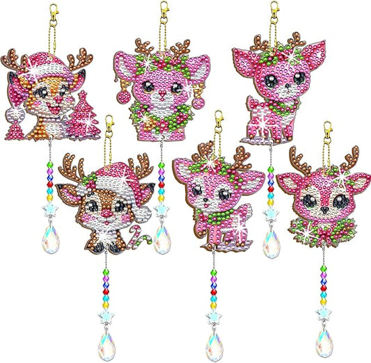 JeCuiK 6 Pcs Diamond Painting Wind Chimes Pink Deer Diamond Art Christmas Ornament Kits Suncatcher 5D DIY Diamond Art Kits for Adults Holiday Xmas Best Gifts