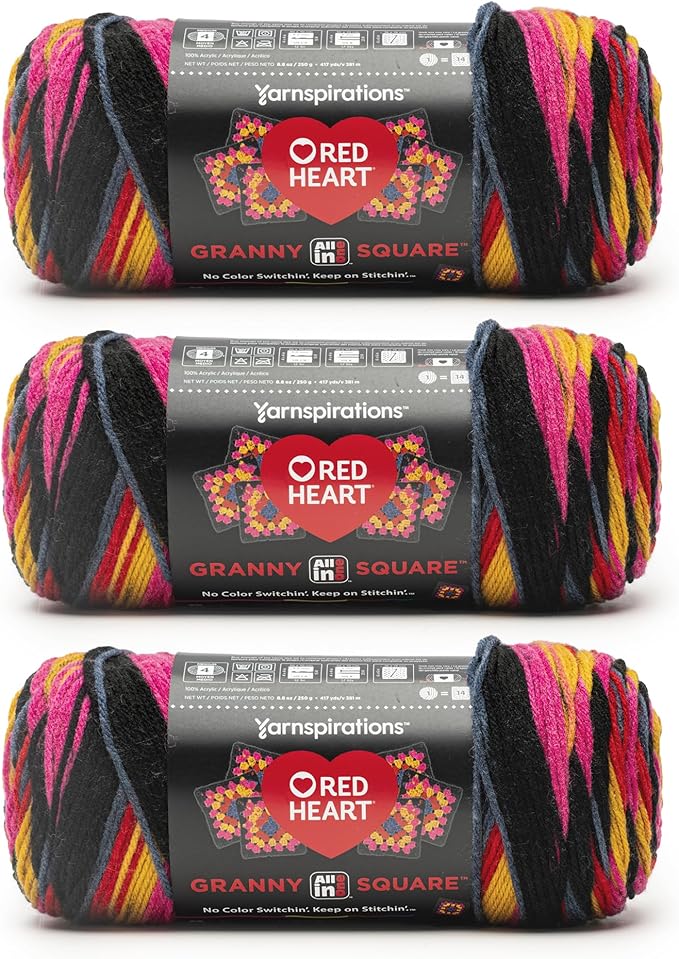 Red Heart All in ONE Granny Square Scarlet Sands Yarn - 3 Pack of 8.8oz/250g - 100% Acrylic - #4 Worsted (Medium) - 417 Yards - Knitting/Crochet