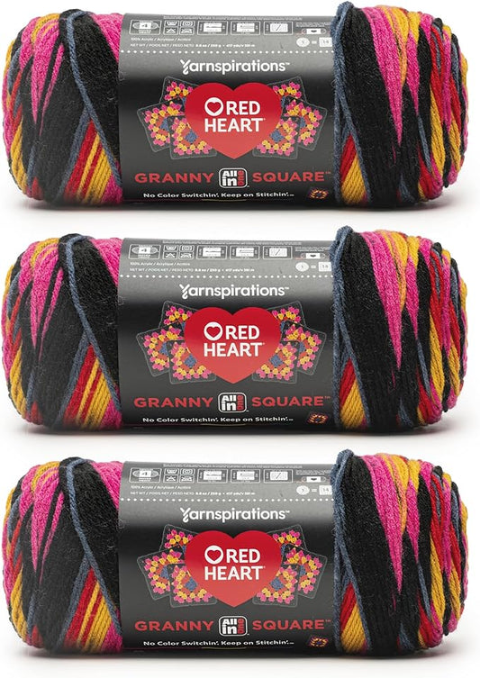 Red Heart All in ONE Granny Square Scarlet Sands Yarn - 3 Pack of 8.8oz/250g - 100% Acrylic - #4 Worsted (Medium) - 417 Yards - Knitting/Crochet