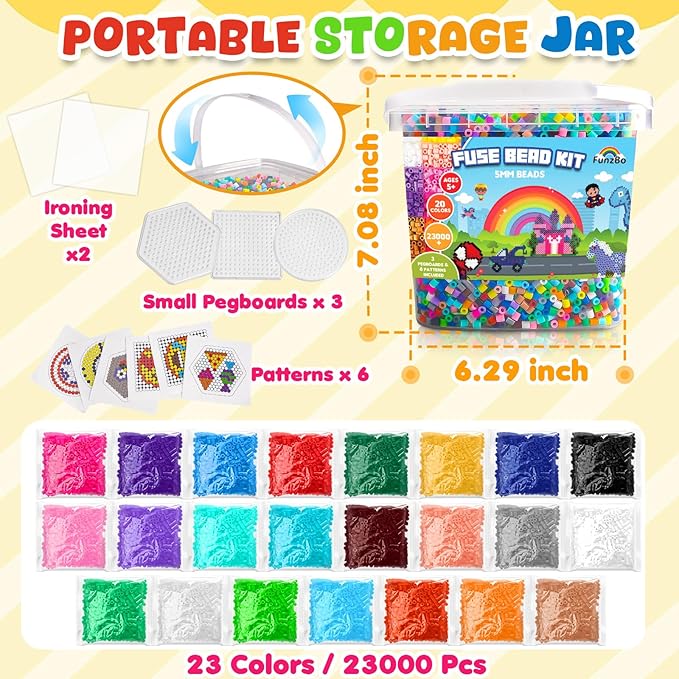 funzbo 23000+ 5mm fuse beads kit - 23 colors refill set with 3 pegboards, christmas beads crafts for kids, arts and crafts project, toys gifts for girls and boys aged 5+ years old gifts
