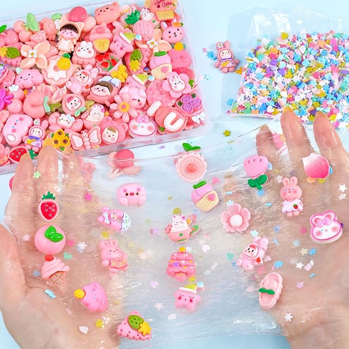 100PCS Pink Slime Charms Cute Flatback Resin Charms for Slime, Random Kawaii Decoden Charm for Embellishments Phone Junk Case Charms Bulk, Hairpins Scrapbooking Crafting & DIY Decoration