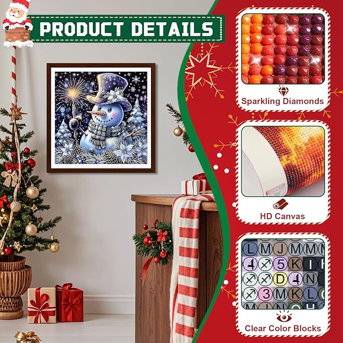 EMIEAUFG Christmas Diamond Art Kits for Adults, Christmas Snowman Diamond Paiting Kit for Beginners, 5D DIY Round Full Drill Craft Diamond Dot Gem Art, Home Wall Decor 12" x 12"