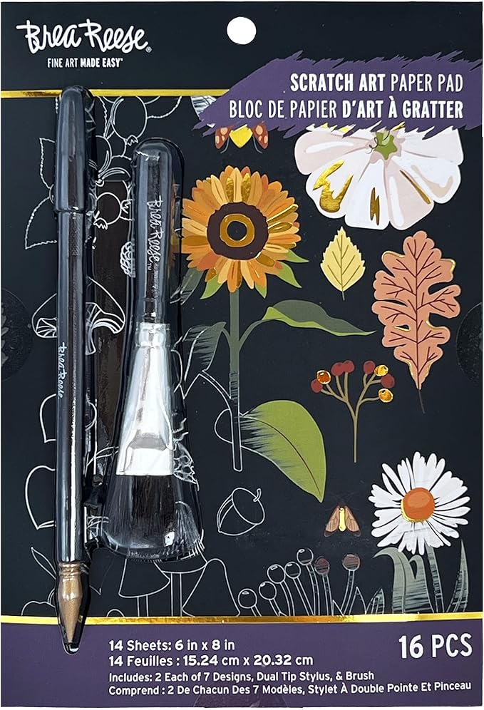 Brea Reese: Scratch Art Paper Pad - Fall Foraging - 14 Sheets, 7 Guided Art Designs, Metallic Accents, Stylus & Brush, 6x8 Pages, DIY Adult Craft Kit