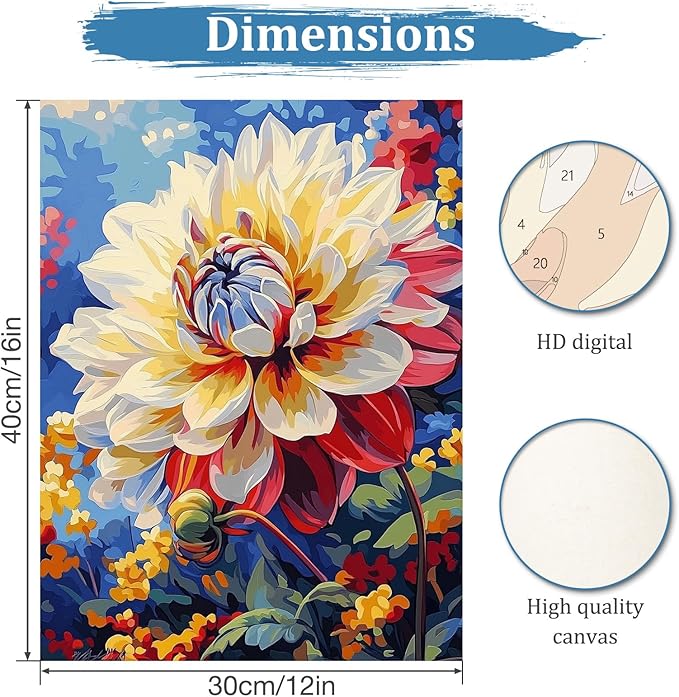 MAXBYE Dahlia Flower Paint by Numbers for Adults, Abstract Floral Adults' Paint by Number Kits on Canvas Without Frame, DIY Easy Oil Painting for Home Wall Decor Gift 12x16inch