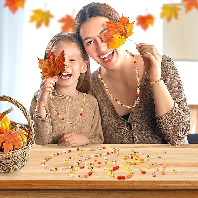 Augshy 300Pcs Fall Clay Beads,Thanksgiving Autumn Polymer Clay Beads for Jewelry Making Fall Colored Bracelet Making Kit Maple Leaves Pumpkin Pine Cone Turkey Bead for Bracelets Necklaces Earrings