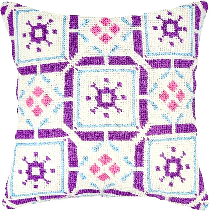 Howie's Needlepoint Needlepoint Kits for Adults, Pillow Front Cross Stitch Kit with Embroidery Pattern on Canvas, Yarn, 2 Needles and Instruction, 16 x 16inch(Purple Square Window)