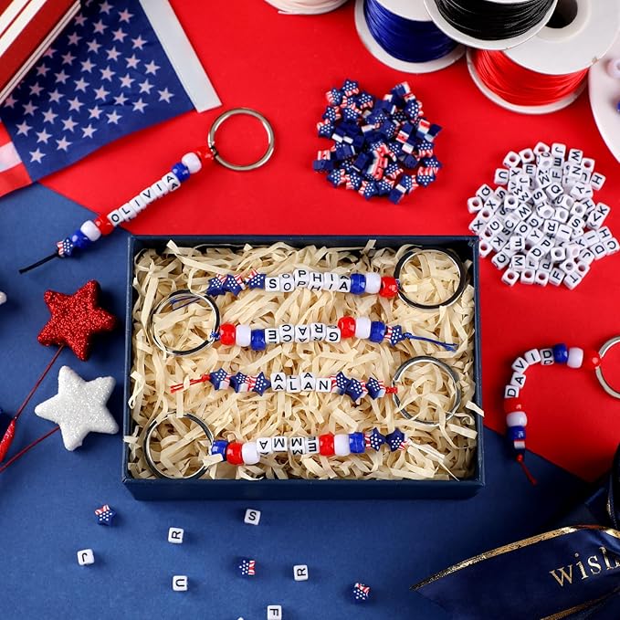Landical 564 Pcs 4th of July Keychain Craft Kit DIY Patriotic Bead Keychain Making Supplies 250th Anniversary Key Gifts Name Beads Red Blue White Independence Day Memorial Day American Flag Favors