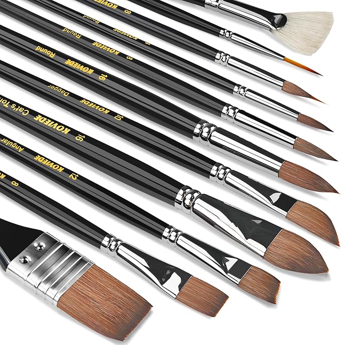 Watercolor Brush Professional, 11Pcs Water Color Paint Brushes Set for Artists, Shapes with Fan, Needle Pointed, Angular, Dagger, Cats Tongue for Watercolor, Gouache, Ink Painting