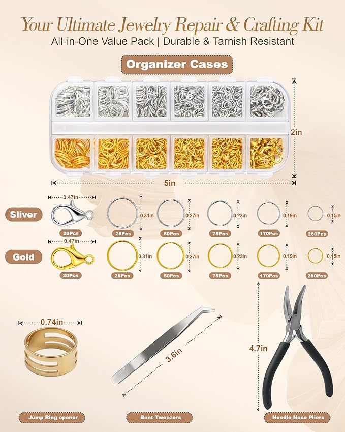 1200 PCS Jump Rings for Jewelry Making Supplies, Open Jump Rings Kit with Jump Ring Pliers & Tweezers, Gold & Silver Metal Split Rings for Necklace, Bracelet Repair & DIY Crafts
