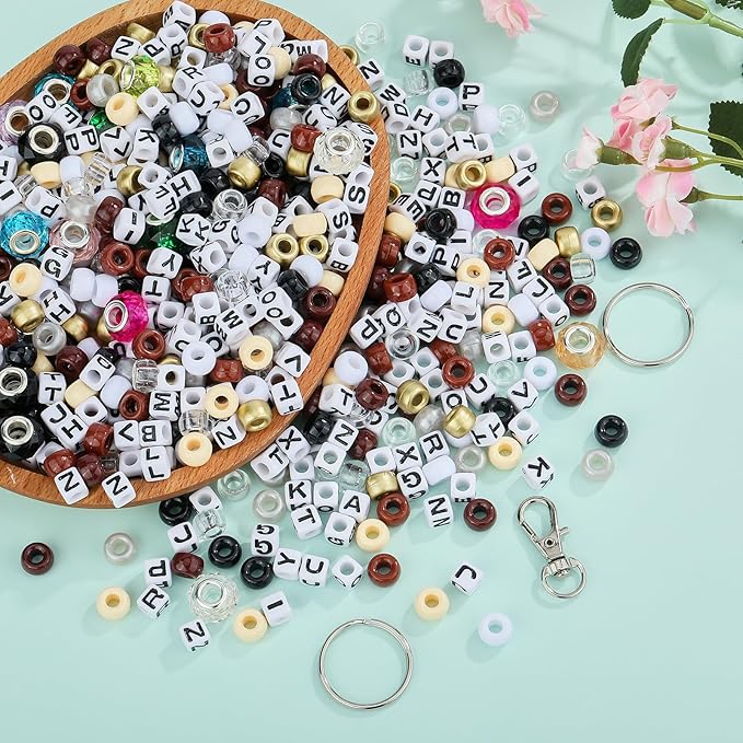 BEEFLYING 750 Pcs DIY Bead Keychain Kit Key Chain Making Crafts Letter Beads Strings Adjustable Alphabet Key Ring Jewelry Backpack Accessories Holiday Party Festival Favor Gift (Earthy Colors)